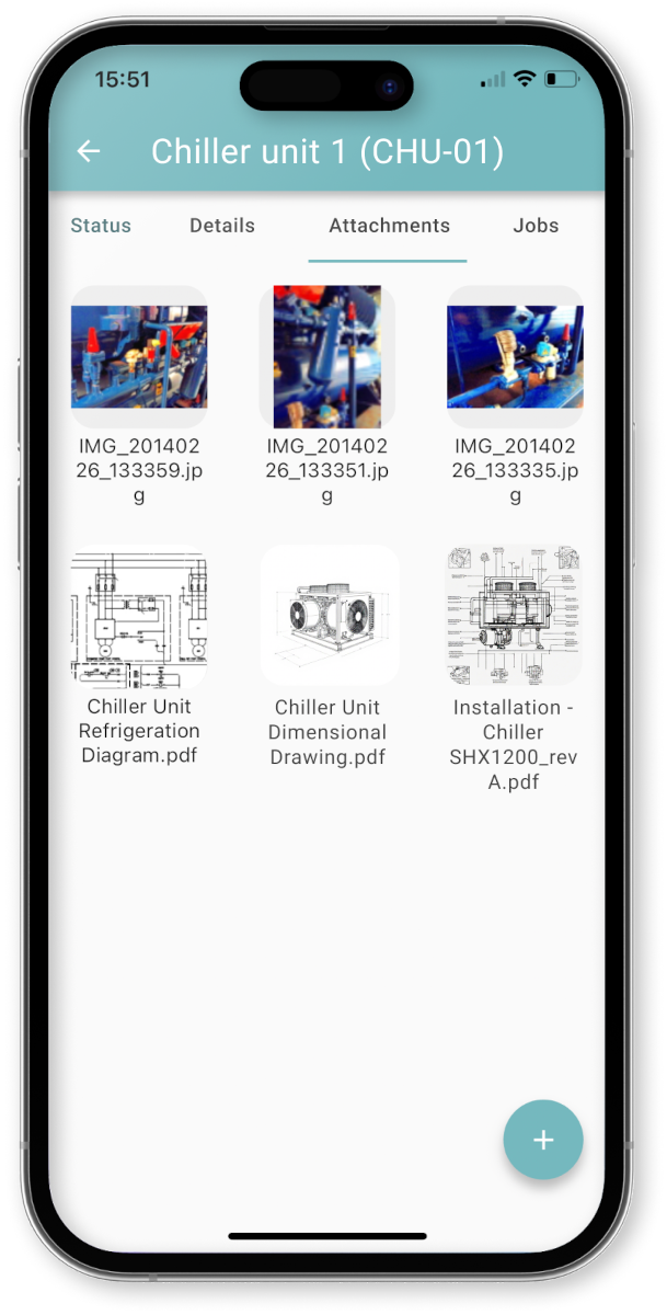 Mobile app showing the documents linked to service job. Illustrates how on-site data access boost service productivity.