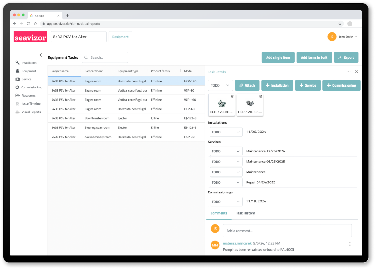 Desktop client showing the equipment list and a digital equipment record. Illustrates simple information sharing to boost service productivity.